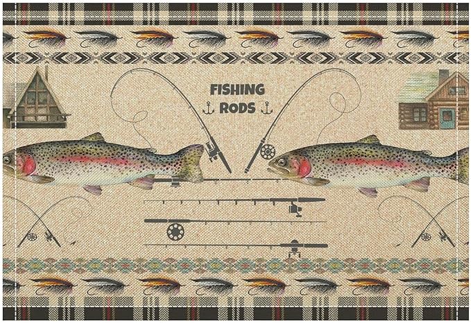 Rustic Cabin Bear Placemats Fishing Rods Lure Southwestern Check Plaid Brown Art Printed Dining Table Mats Set of 4 for Home Kitchen Holiday Picnic Party Decor 12x18in