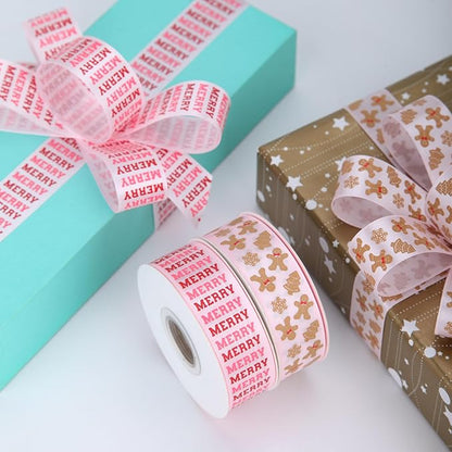 Gingerbread Ribbon 7/8 Inch 20 Yards Pink Merry Christmas Candy Cane Craft Ribbon for Gift Wrapping Wreath Bow DIY Crafts Supplies