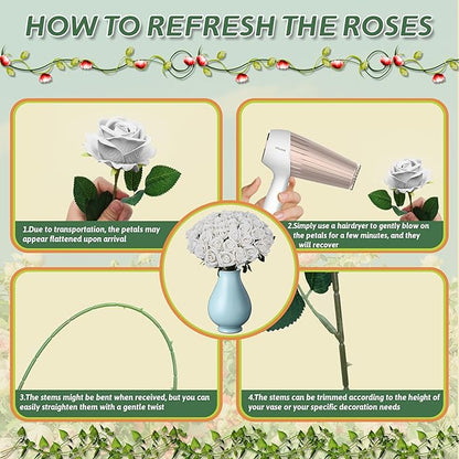 50 PCS Fake White Roses, Artificial White Flowers Bulk Realistic Silk Faux Roses with Stems for Wedding Decorations Table Centerpieces Bridal Bouquet DIY Floral Arrangement Event Party Home Decor