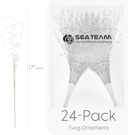 Sea Team 24-Pack Artificial Glitter Berry Stem Ornaments, Decorative Bead Sticks, Glittery Twigs, Picks, Branches for Christmas Tree, Small Vase, Holiday, Wedding, Party (17 Inches, White)
