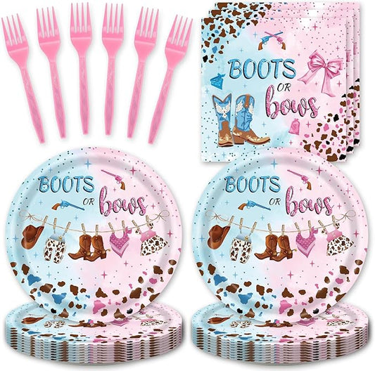 48pcs Pink Blue Gender Reveal Party Decoration Set,16 Dessert plate,16 Napkin And 16 Fork,16 persons Disposable tableware,Used Cowgirl Birthday Party Supplies (Multicolor 25)