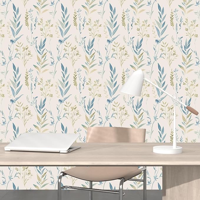 Beige Floral Leaf Peel and Stick Boho Removable Blue Green Botanical Wallpaper 17.5" x 118" Light Mural Waterproof Contact Paper for Walls Bedroom Bathroom Cabinet Room Decor