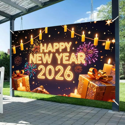 Happy New Year 2026 Backdrop 71x43 Inch Gold Light Party Banner with Fireworks and Gift Boxes for Indoor Wall Decoration Countdown Celebration and Holiday Photo Background