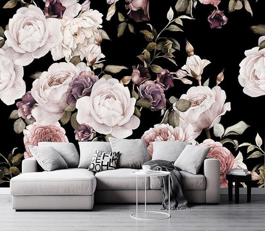 Cliouar-Peony Flowers Wall Mural - Purple Flower Wallpaper, Rose Mural Peel and Stick 90" x 67"