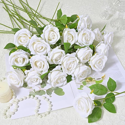 Waipfaru 50 Pcs White Roses Artificial Flowers Bulk, Real Touch Velvet Roses with Wrapping Paper, Fake Flowers for Wedding Centerpieces Bridal Bouquet Valentines Mothers Day Decor
