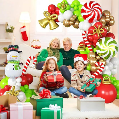 Christmas Balloons Decorations Red Green Gold White Balloon Garland Arch Kit with Snowman Reindeer Candy Cane Foil Mylar Balloon for Merry Christmas Xmas New Year Baby Shower Birthday Party Decoration