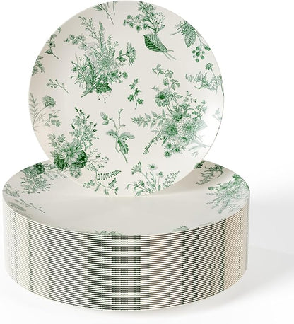 Trendables 80 Piece Plastic Disposable Plates Set For 40 Guests I 40 X 8 Inch Dessert Plates & 40 X 10 Inch Wedding Party Plates | Ivory & Green Verdure Design