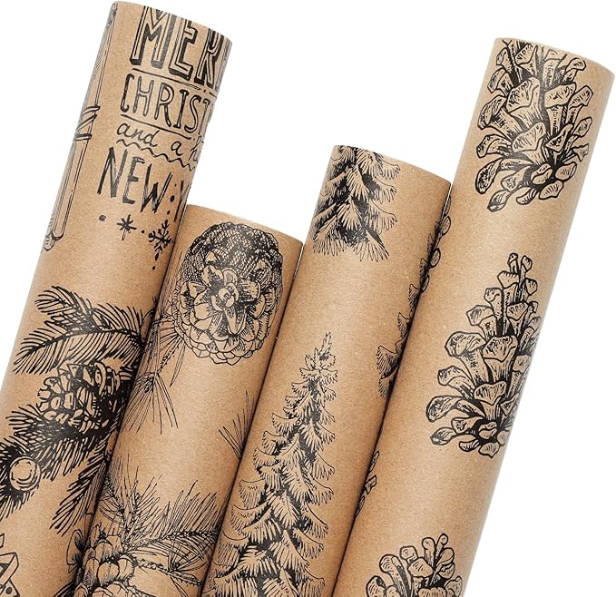YANGTE Vintage Christmas Wrapping Paper Rolls, Brown & Black Wrapping Paper Christmas with Twine and Greeting Cards, 4 Rolls Holiday Gift Wrapping Paper, 17 x 120 inch per Roll