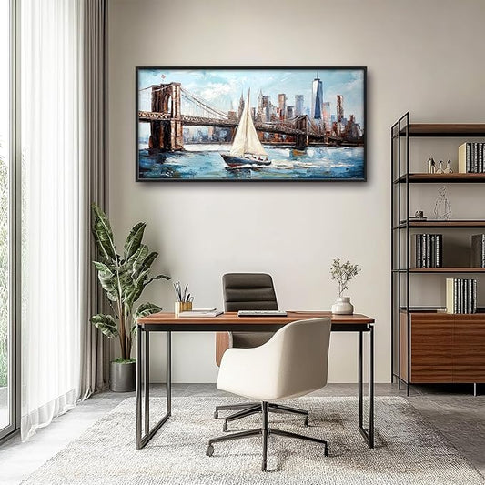 Extra Large Sailboat Framed Wall Art for Living Room,Oversized New York Brooklyn Bridge Pictures Wall Decor,Cityscape Canvas Print Painting Modern Artwork Bedroom Office Bathroom 60L x 30W