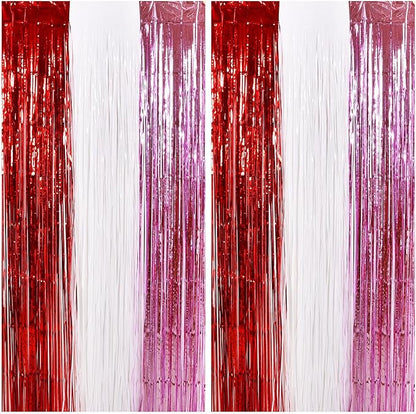 TONIFUL Valentine's Day Door Streamers,Red Pink and White Photo Booth Backdrop Metallic Streamers Foil Fringe Curtain for Birthday Valentine's Day Bridal Shower Engagement Party Decoration
