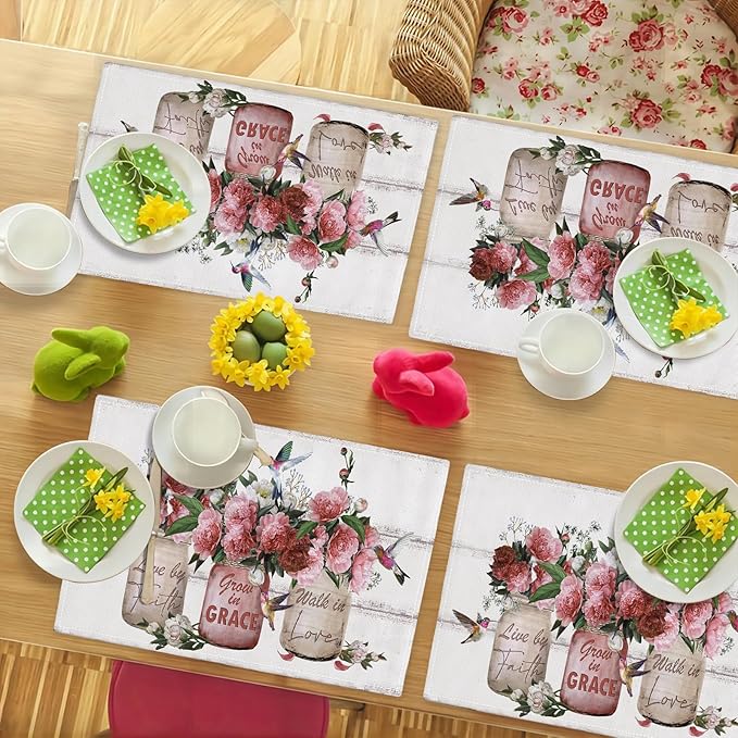 Rose Flower Placemats Set of 6 Farmhouse Peony Floral Table Mats Washable Place mats for Home Party Indoor Kitchen Dining Table Decoration 12x18 Inch