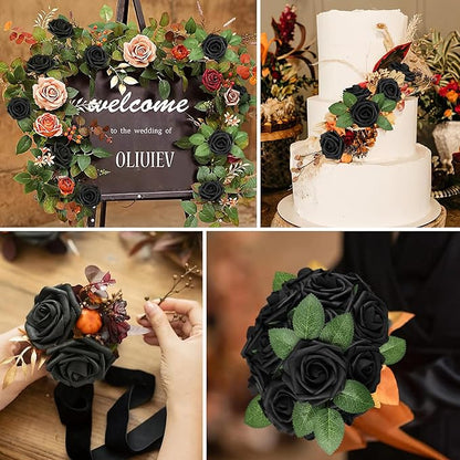 AmyHomie Artificial Flowers Black Rose 25pcs Real Looking Fake Roses w/Stem for DIY Wedding Bouquets Centerpieces Arrangements Party Baby Shower Valentines Day Christmas Tree Decorations