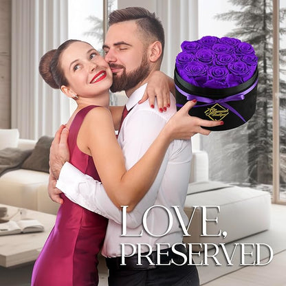 GLAMOUR BOUTIQUE Flowers Forever Gift Box 12 Real Preserved Roses in a Velvet Box, Birthday for Her Mom and Wife, Mothers Day, Anniversary, Graduation - Purple