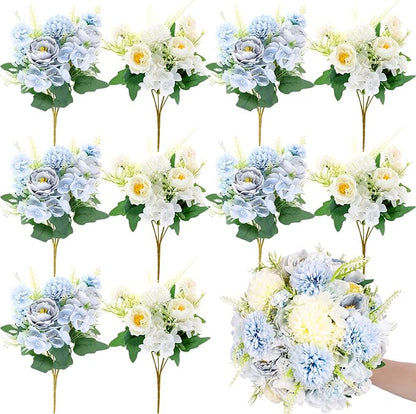 Olgaa 12 Bundles Peonies Artificial Flowers Silk Flowers Fake Peony Bouquet Faux Peonies Flowers Bulk for Wedding Decor Centerpiece Table Decorations (Blue White)