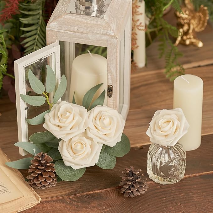Artificial Flowers, 50pcs Artificial Rose for DIY Wedding Bouquets Centerpieces Arrangements, Champagne Foam Rose with Stem for Bridal Shower Party Home Decorations