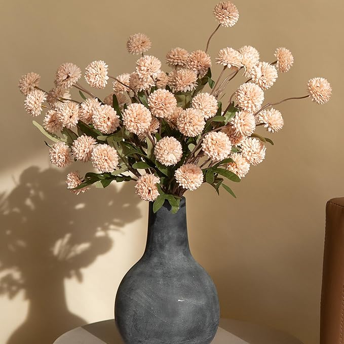 HyeFlora Fake Kiku Flowers,Faux Silk Pompon Mums 40heads Artificial Flowers,Chrysanthemum Stems Floral Arrangement Dried Flowers Vintage Decorative Indoor Home Vase Decor Beige