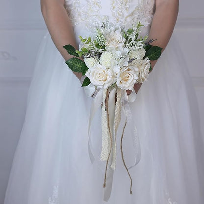 Wedding Bouquets for Bride Bridesmaid,White Champagne Artificial Roses Flowers for Wedding Church Decoration (7.5in)