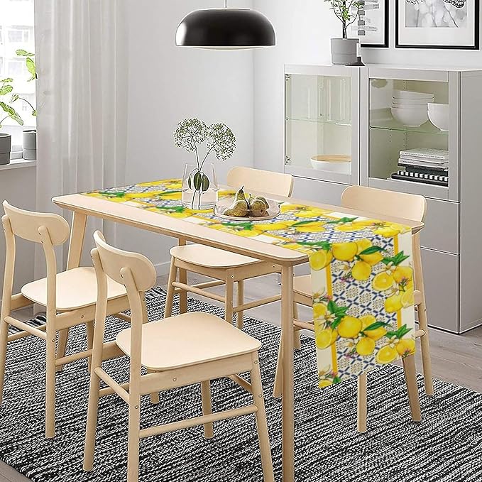 Lemon Table Runner ,Summer Blue Tiles Lemons Kitchen Dining Table Decoration Lemons Table Cover for Indoor Outdoor Home Party Decor, 13 x36 in