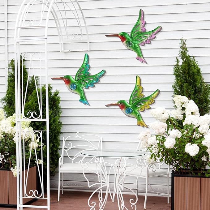 Metal Hummingbird Wall Decor, Wall Art Christmas Sculpture for Patio Fence, Set of 3, 9 Inch, Christmas Indoor Outdoor Gift for Family