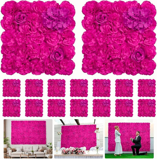 Artificial Flower Wall Backdrop 16PCs of 16.5x16.5 Inch Floral Wall Panels 3D Silk Rose Wall Decor for Weddind Stage Party Photo Background Home Decoration-Barbie Pink