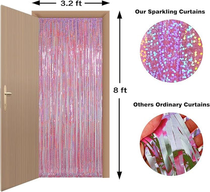 Melsan Pink Tinsel Curtains Backdrop, 3.2 ft x 8.2 ft Sparkle Metallic Foil Curtains for Princess Birthday Party Photo Background Decoration, 2 Pack