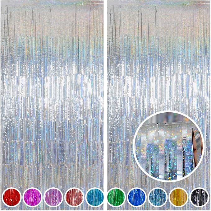 Melsan Christmas Party Decorations Foil Curtain, 2 Pack 3.2 ft x 8 ft Silver Tinsel Foil Fringe Backdrop, Sparkle Metallic Streamers for Disco Bachelorette Party Decorations, Silver Tinsel Backdrop