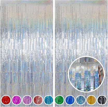 Melsan Christmas Party Decorations Foil Curtain, 2 Pack 3.2 ft x 8 ft Silver Tinsel Foil Fringe Backdrop, Sparkle Metallic Streamers for Disco Bachelorette Party Decorations, Silver Tinsel Backdrop