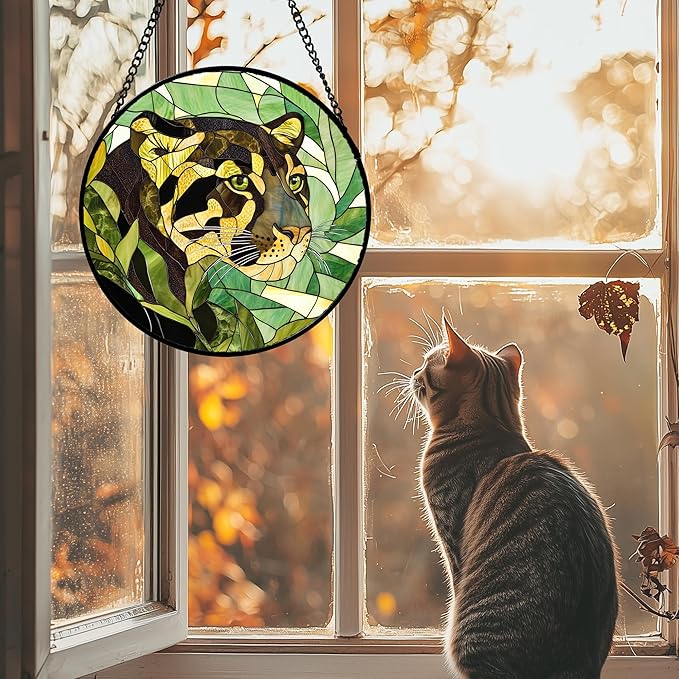Stained Glass Window Hanging 4 Pcs Set Green Plants Animals Theme 9.8" - Bird Tiger Suncatcher Door Garden Sun Catcher Decor Birthday for Mom Woman Nana Men Friend