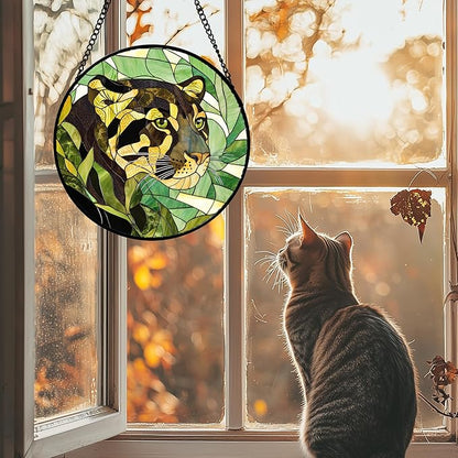 Stained Glass Window Hanging 4 Pcs Set Green Plants Animals Theme 9.8" - Bird Tiger Suncatcher Door Garden Sun Catcher Decor Birthday for Mom Woman Nana Men Friend