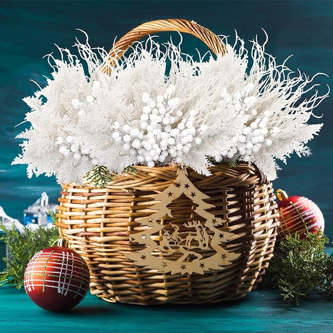 75 Pcs Christmas Glitter Branches 3 Styles Artificial Christmas Picks Berries Stems Pine Needles Floral Twig Spray for Xmas Tree Ornaments DIY Wreath Garland(White)