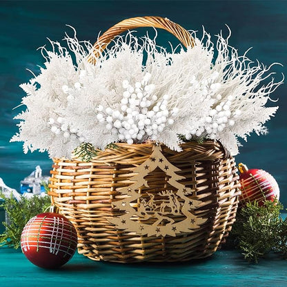 75 Pcs Christmas Glitter Branches 3 Styles Artificial Christmas Picks Berries Stems Pine Needles Floral Twig Spray for Xmas Tree Ornaments DIY Wreath Garland(White)