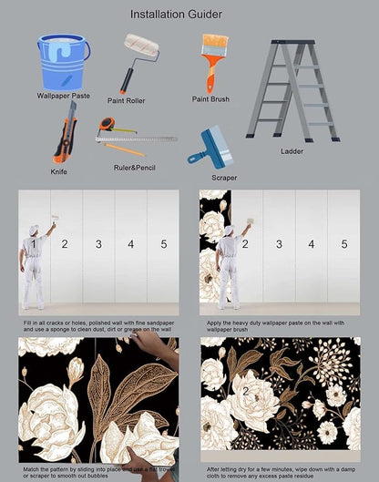 Wall Mural Peonies and Roses Floral Vintage Wallpaper Seamless Gold White Flowers Wall Coverings for Living Room Bedroom Kids Room（Not Peel and Stick）
