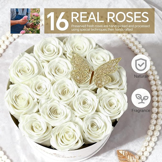 16 Roses in a Box, Preserved Flowers Gifts for Women, Forever Flowers for Delivery, Flower Birthday Gifts Box for Her, Eternal Flowers Rose Gifts for Mom, White