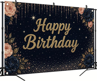 Happy Birthday Backdrop Banner Navy Blue Gold Glitter Rose Floral Birthday Party Decorations Photography Background Wedding Baby Shower Decor Booth Studio Props Supplies 71 x 43 Inch