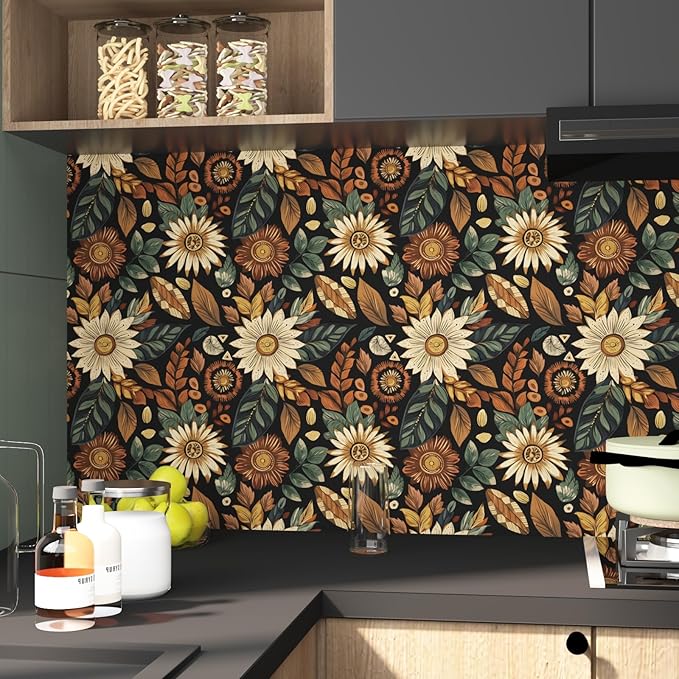 Vintage Boho Wallpaper Peel and Stick,Black Brown/Green Floral Contact Paper 17.5" x 393.7", Retro Flower Botanical Wall Paper Self Adhesive Removable Waterproof for Walls Shelves Cabinet Table Decor