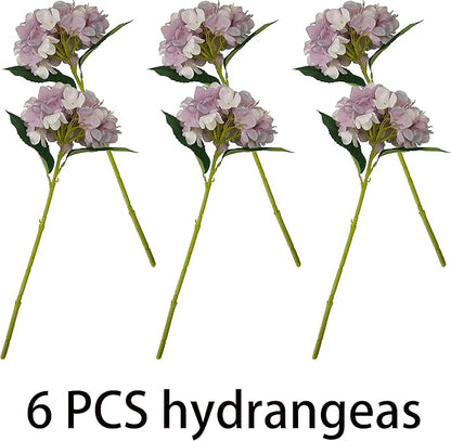 Light Purple Hydrangea Artificial Flowers,6 Pcs Faux Hydrangea Flowers,Artificial Hydrangeas Flowers with Stems,Fake Hydrangeas,Purple Silk Hydrangea Flower with Stem for Home Decor (6, Light Purple)