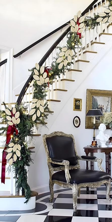 Briful Champagne Magnolia Leaves Branches, 6 Pack 28.7in Faux Magnolia Leaves Stems Artificial Christmas Greenery Branches for Xmas Home Vase Floral Arrangement