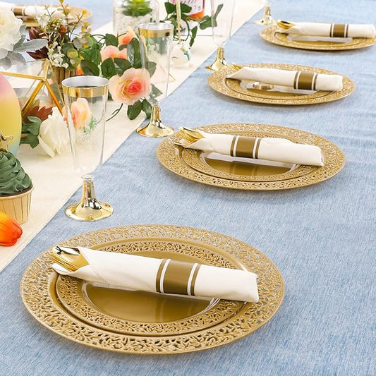 DaYammi 210Pcs Solid Gold Disposable Plates with Silverware and Cups,Christmas Plastic Plates for Party Include: 30 Dinner Plate,30 Dessert Plate,30 Rolled Napkins with Cutlery,30 Cups for Wedding