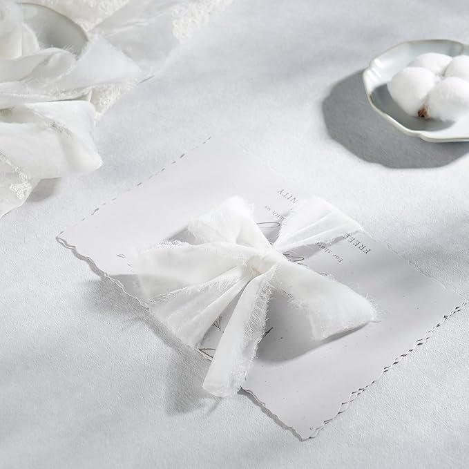 White Velvet Ribbon 1.5 Inch Frayed Silk Velvet Ribbon Rustic White Christmas Velvet for Gift Raw Edge Boho Style for Wedding Invitation Bridal Bouquet -3yards