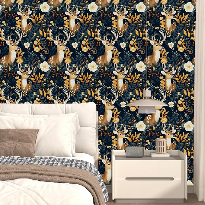Deer Wallpaper Peel and Stick Vintage Blue Gold Floral Wallpaper Contact Paper 17.5" × 118" Waterproof Vinyl Self Adhesive Dark Wall Paper for Bedroom Walls Cabinet Locker Decor