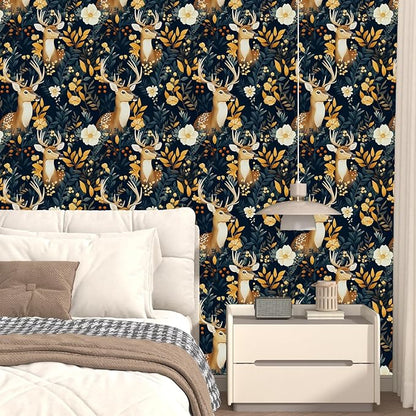 Deer Wallpaper Peel and Stick Vintage Blue Gold Floral Wallpaper Contact Paper 17.5" × 118" Waterproof Vinyl Self Adhesive Dark Wall Paper for Bedroom Walls Cabinet Locker Decor