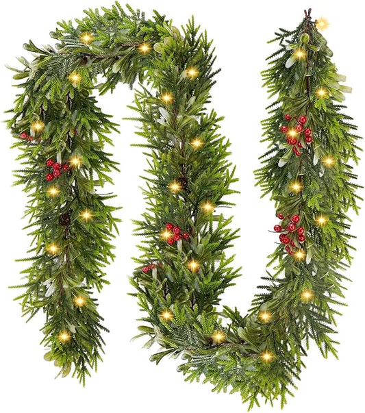 1PC 9FT Christmas Decor Artificial Norfolk Pine Garland,Realistic Artificial Garland Greenery for Fireplace Table, Mantle Wall, Indoor Outdoor Winter Holiday Decorations(1, 9FT)