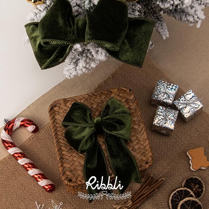 Ribbli Moss Green Velvet Wired Ribbon 2.5 Inch Velvet with Satin Christmas Ribbon for Gift Wrapping Christmas Tree Decoration Crafts Wreaths Supplies-Continuous 10 Yards