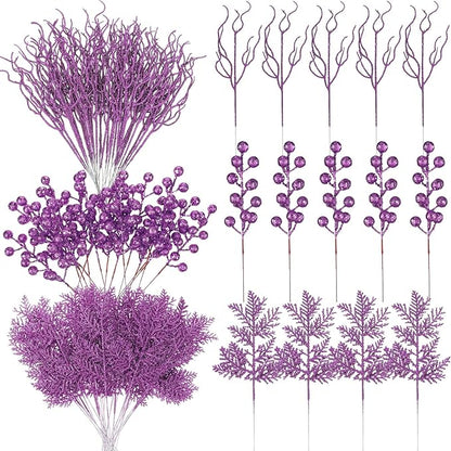 75 Pcs Christmas Glitter Branches 3 Styles Artificial Christmas Picks Berries Stems Pine Needles Floral Twig Spray for Xmas Tree Ornaments DIY Wreath Garland(Purple)