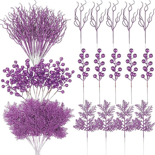 75 Pcs Christmas Glitter Branches 3 Styles Artificial Christmas Picks Berries Stems Pine Needles Floral Twig Spray for Xmas Tree Ornaments DIY Wreath Garland(Purple)