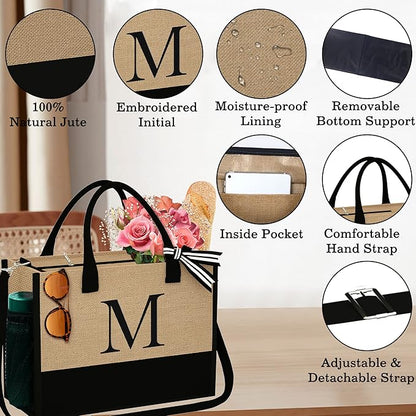 YOOLIFE Christmas Gifts for Women - Initial Jute Tote Bag & Makeup Bag, Birthday Gifts for Women Mom Wife Teacher Friend