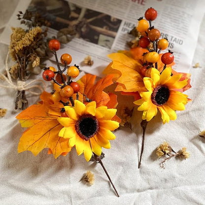 6 Pack Fall Stems Artificial Berry Picks Fall Picks with Sunflowers Maple Leaves Branches Decorations for Harvest Autumn Thanksgiving Day Flower Arrangements Wreaths Indoor Outdoor Home Decor