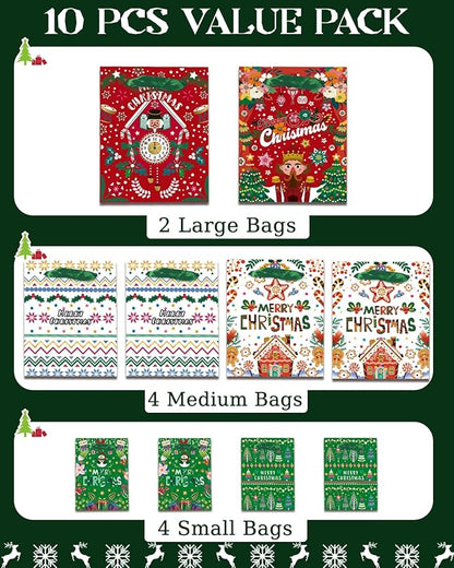 qiqee Christmas Gift Bags Assorted Variety Size Red Green Puppet Design Holiday Tissue Paper Bag Set of 10( 2PCS Large 5.5"x10.2"x13", 4PCS Medium 4.3"x 7.7"x 9.6", 4PCS Small 2.4"x 4.7"x 6.3", 30PCS Tissue Paper)