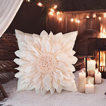 Bella's Giftshop 3D Sunflower Decorative Throw Pillow Covers for Bed Sofa Couch Car, Accent Floral Cushion Cover, Handmade Pillow Cases Living Room Decor, 17x17 Inch-Cream/White