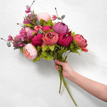 FiveSeasonStuff Mystic Blush Silk Peony & Hydrangea Bouquet with 2 Gold Taper Candle Holders; Vintage-Inspired Artificial Flowers for Weddings & Home Decor